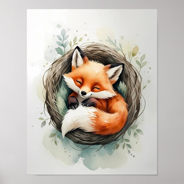 Adorable Sleeping Fox Nest Watercolor Illustration Poster (Front)