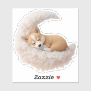 Adorable Sleeping Puppy on Fluffy Moon Sticker. Sticker