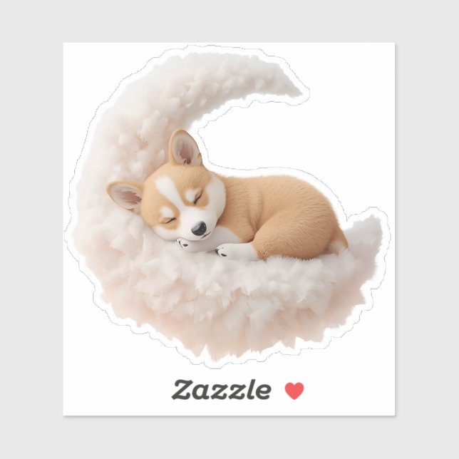 Adorable Sleeping Puppy on Fluffy Moon Sticker. Sticker (Sheet)