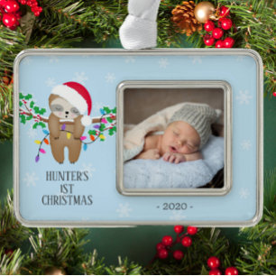 Adorable Sleeping Sloth First Christmas Photo Ornament