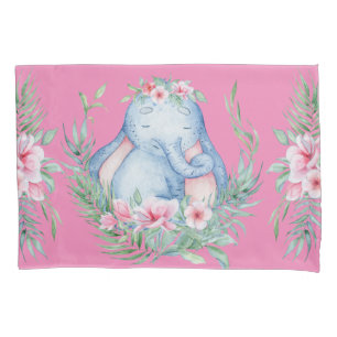 Adorable Sleepy Elephant PInk Floral Kids Room Pillow Case