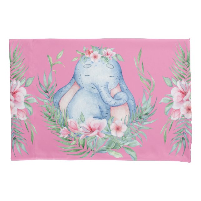 Adorable Sleepy Elephant PInk Floral Kids Room Pillow Case (Front-Left)
