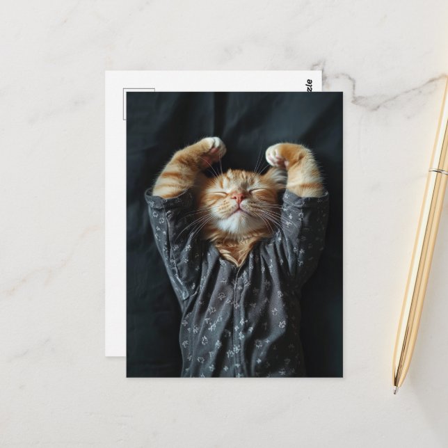 Adorable Sleepy Ginger Kitty in PJs Postcard (Front/Back In Situ)