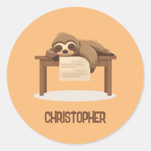 Adorable Sleepy Studying Sloth with Kids Name Classic Round Sticker