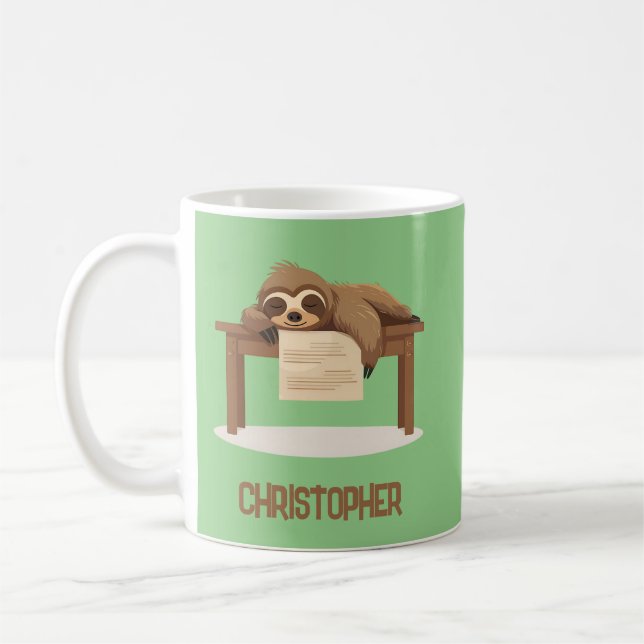Adorable Sleepy Studying Sloth with Kids Name Coffee Mug (Left)