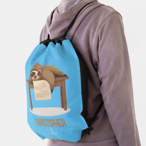 Adorable Sleepy Studying Sloth with Kids Name Drawstring Bag