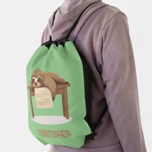 Adorable Sleepy Studying Sloth with Kids Name Drawstring Bag