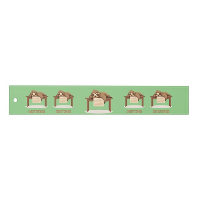Adorable Sleepy Studying Sloth with Kids Name Ruler (Front)