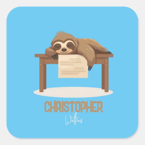 Adorable Sleepy Studying Sloth with Kids Name Square Sticker