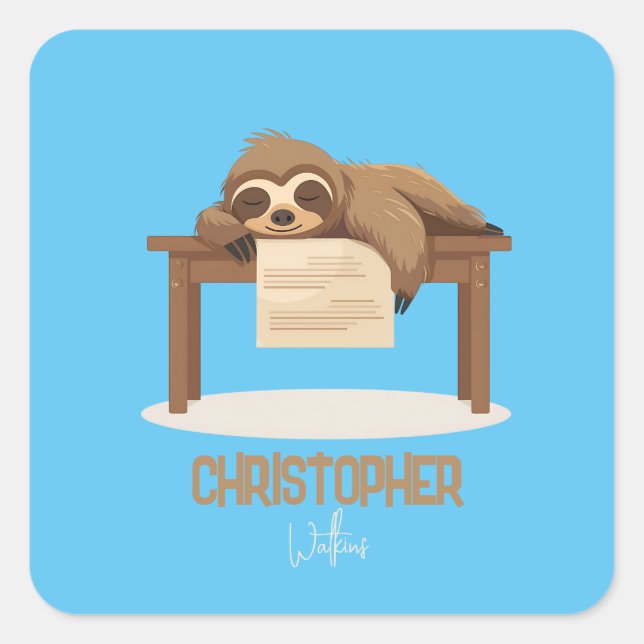 Adorable Sleepy Studying Sloth with Kids Name Square Sticker (Front)