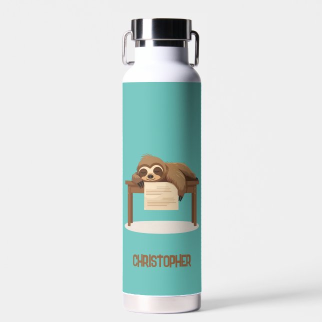 Adorable Sleepy Studying Sloth with Kids Name Water Bottle (Front)