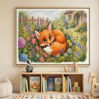 Adorable Sleepy Woodland Fox in a Flower Bed Faux Canvas Print