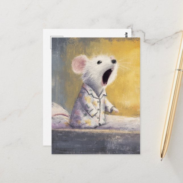 Adorable Sleepy Yawning White Mouse in PJs  Postcard (Front/Back In Situ)