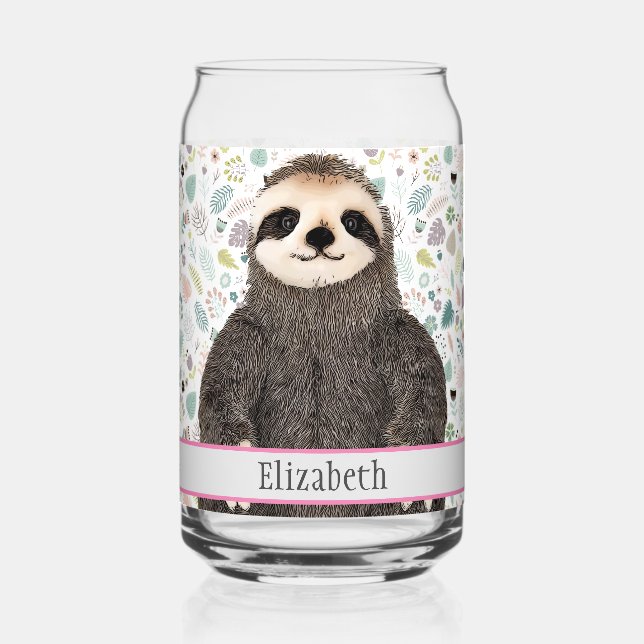 Adorable Sloth Animal Name Pretty Pattern Name Can Glass (Back)