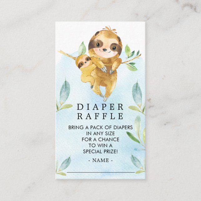 Adorable Sloth Baby Shower Diaper Raffle Ticket Enclosure Card (Front)