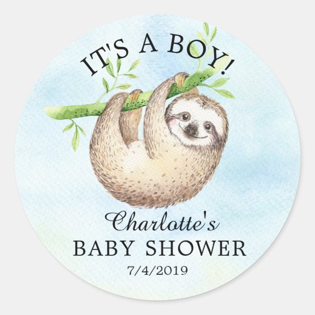 Adorable Sloth Baby Shower Favor Sticker (Front)