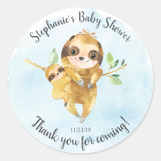 Adorable Sloth Baby Shower Favor Sticker (Front)