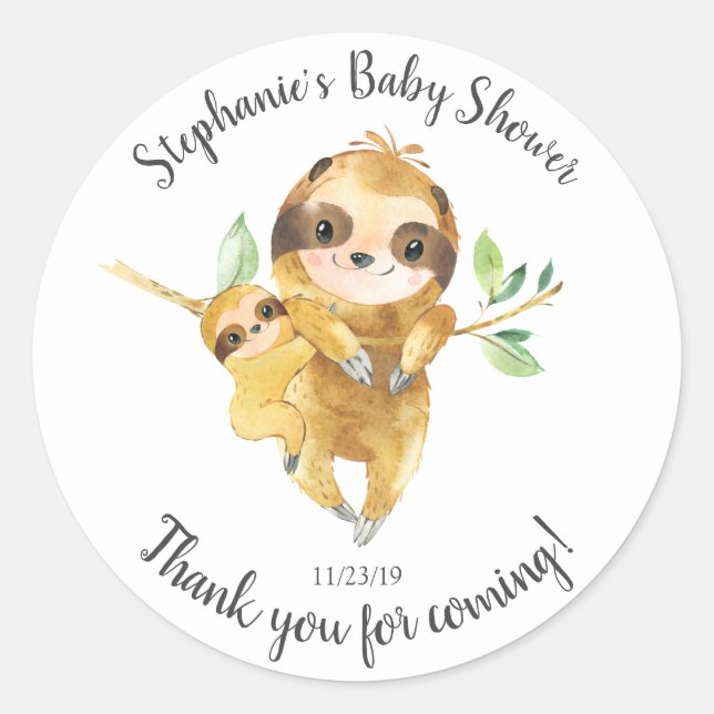 Adorable Sloth Baby Shower Favor Sticker (Front)