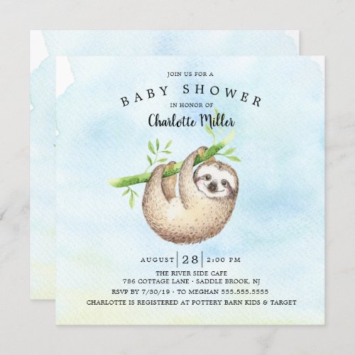 Adorable Sloth Baby Shower Invitation