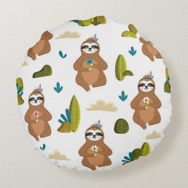 Adorable Sloth Bedroom Decor Round Pillow (Back)