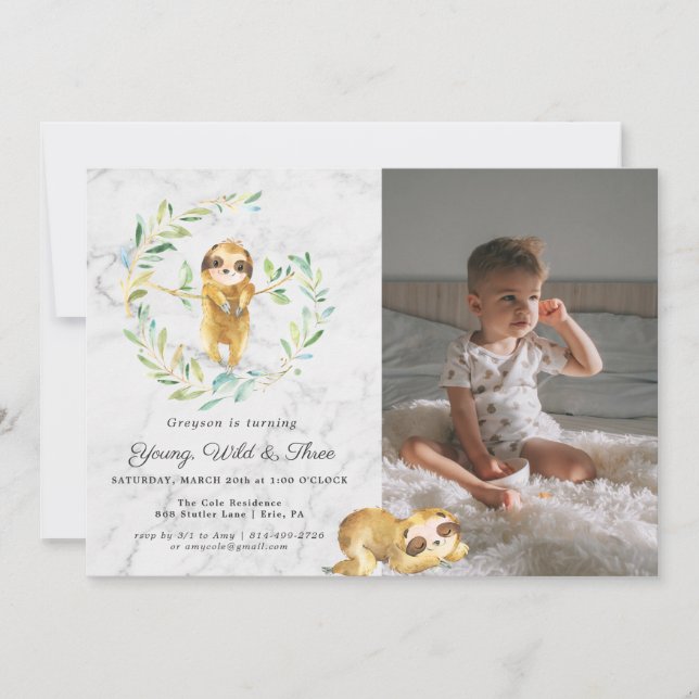 Adorable Sloth Birthday Party Invitation (Front)