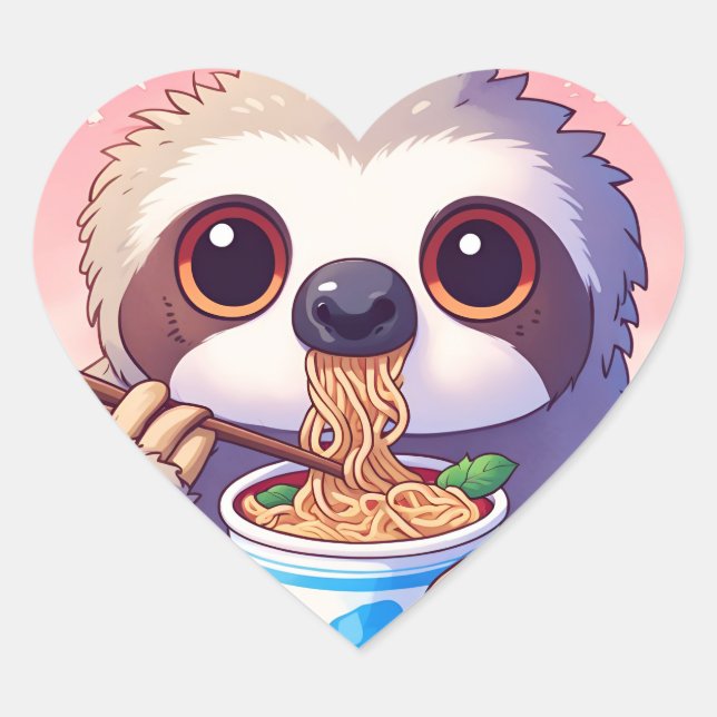 Adorable Sloth Eating Ramen Heart Sticker (Front)