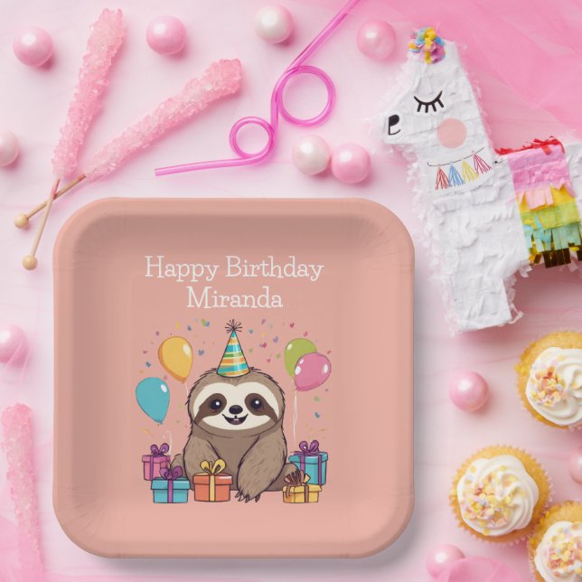 Adorable Sloth Happy Birthday Personalized Pink Paper Plates (Party)