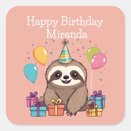 Adorable Sloth Happy Birthday Personalized Pink Square Sticker