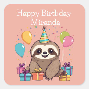 Adorable Sloth Happy Birthday Personalized Pink Square Sticker