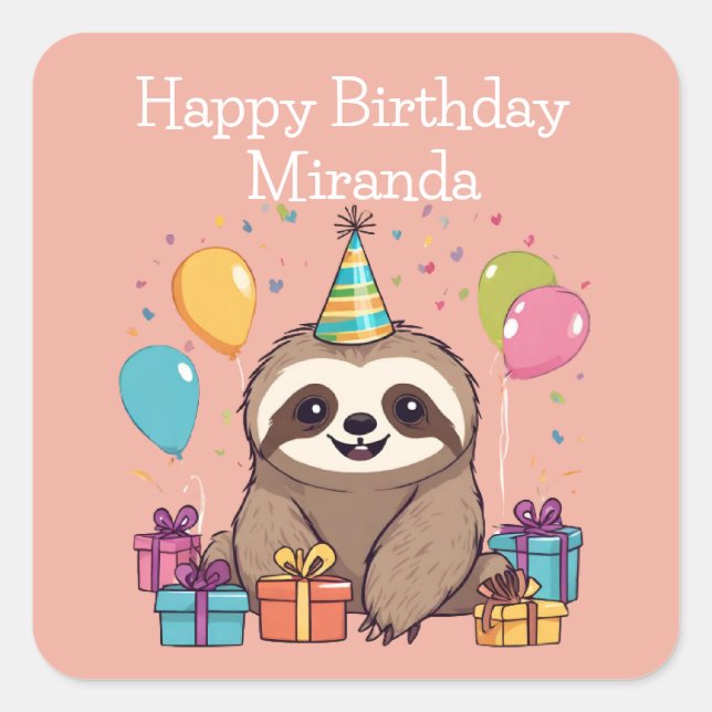 Adorable Sloth Happy Birthday Personalized Pink Square Sticker (Front)