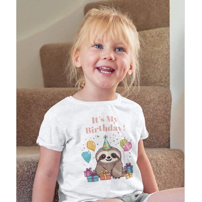 Adorable Sloth Happy Birthday Personalized Pink T-Shirt (It's My Birthday! A sweet sloth birthday shirt.)