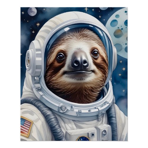 Adorable Sloth in Astronaut Suit in Outer Space Poster