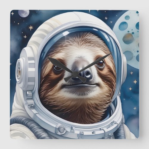 Adorable Sloth in Astronaut Suit in Outer Space Square Wall Clock
