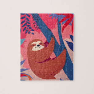 Adorable Sloth in Pink Colorful Jungle Jigsaw Puzzle