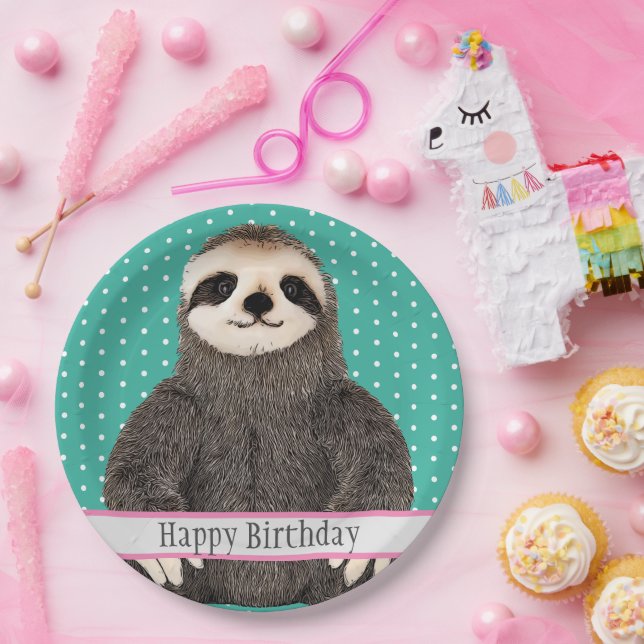 Adorable Sloth Teal Kid's Happy Birthday Animal Paper Plates (Party)