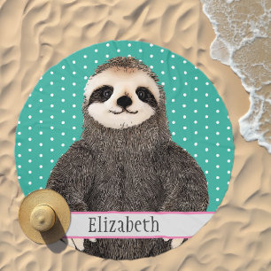 Adorable Sloth Teal Name Kid's Animal Beach Towel