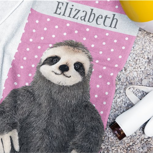 Adorable Sloth Teal Name Kids Animal Beach Towel