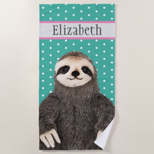 Adorable Sloth Teal Name Kids Animal Beach Towel