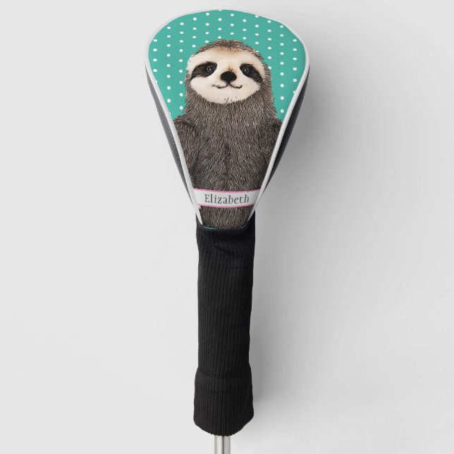 Adorable Sloth Teal Name Kids Animal Colorful Cute Golf Head Cover (Front)