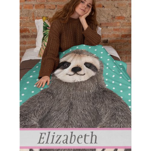 Adorable Sloth Teal Name Kids Animal  Fleece Blanket