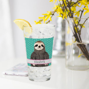 Adorable Sloth Teal Name Kids Animal Glass