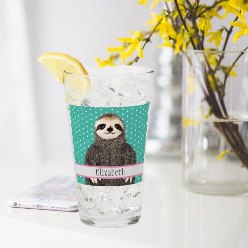 Adorable Sloth Teal Name Kids Animal Glass