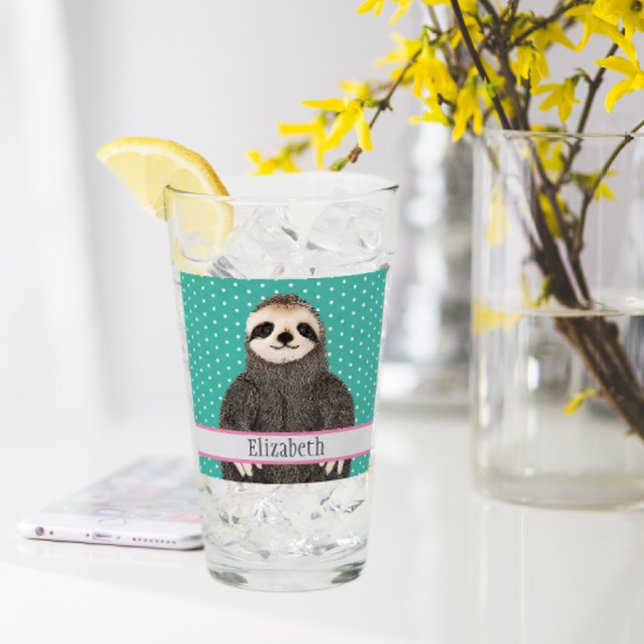 Adorable Sloth Teal Name Kids Animal Glass (Creator Uploaded)