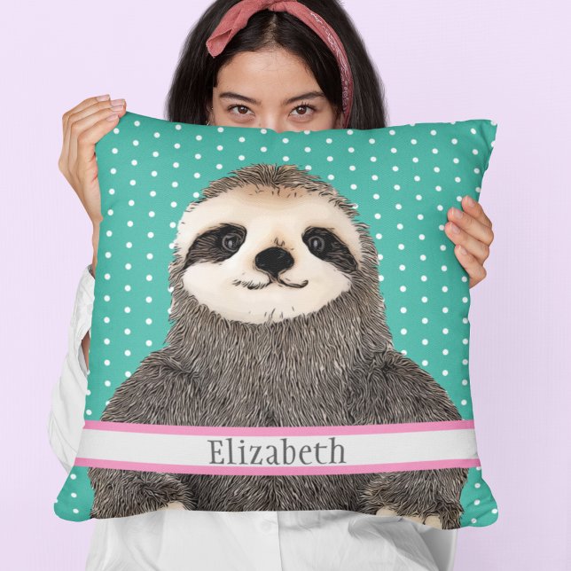 Adorable Sloth Teal Name Kids Room Animal  Throw Pillow (Creator Uploaded)