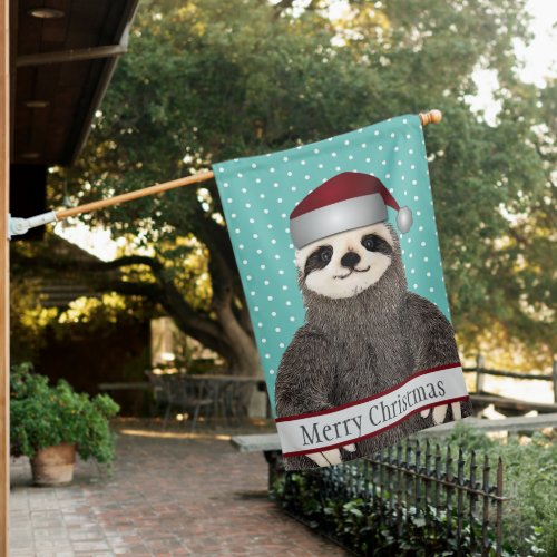 Adorable Sloth Teal Name Merry Christmas Festive House Flag