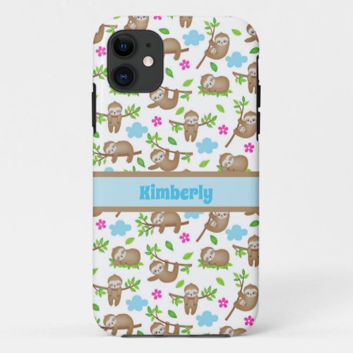 Adorable Sloths Hanging in Trees Personalized   iPhone 11 Case