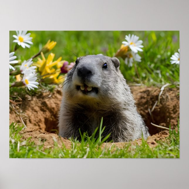 Adorable Smiling Groundhog Emerging  Poster (Front)