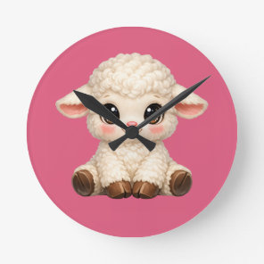 Adorable Smiling Lamb Cartoon Design Banner Round Clock