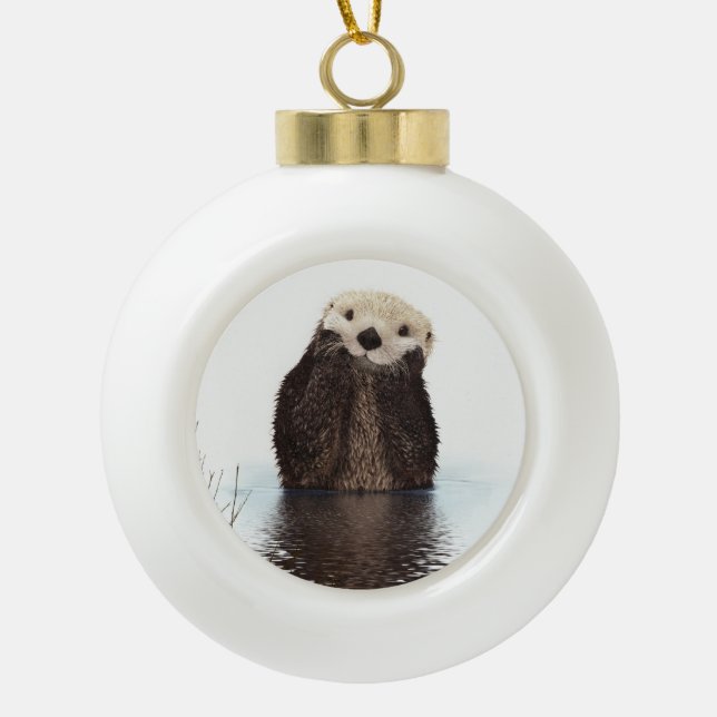 Adorable Smiling Otter in Lake Ceramic Ball Christmas Ornament (Front)
