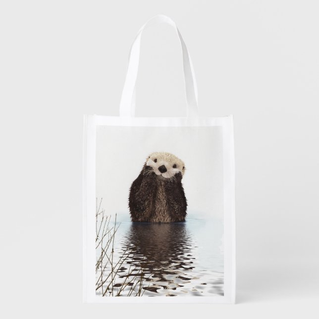 Adorable Smiling Otter in Lake Grocery Bag (Front)